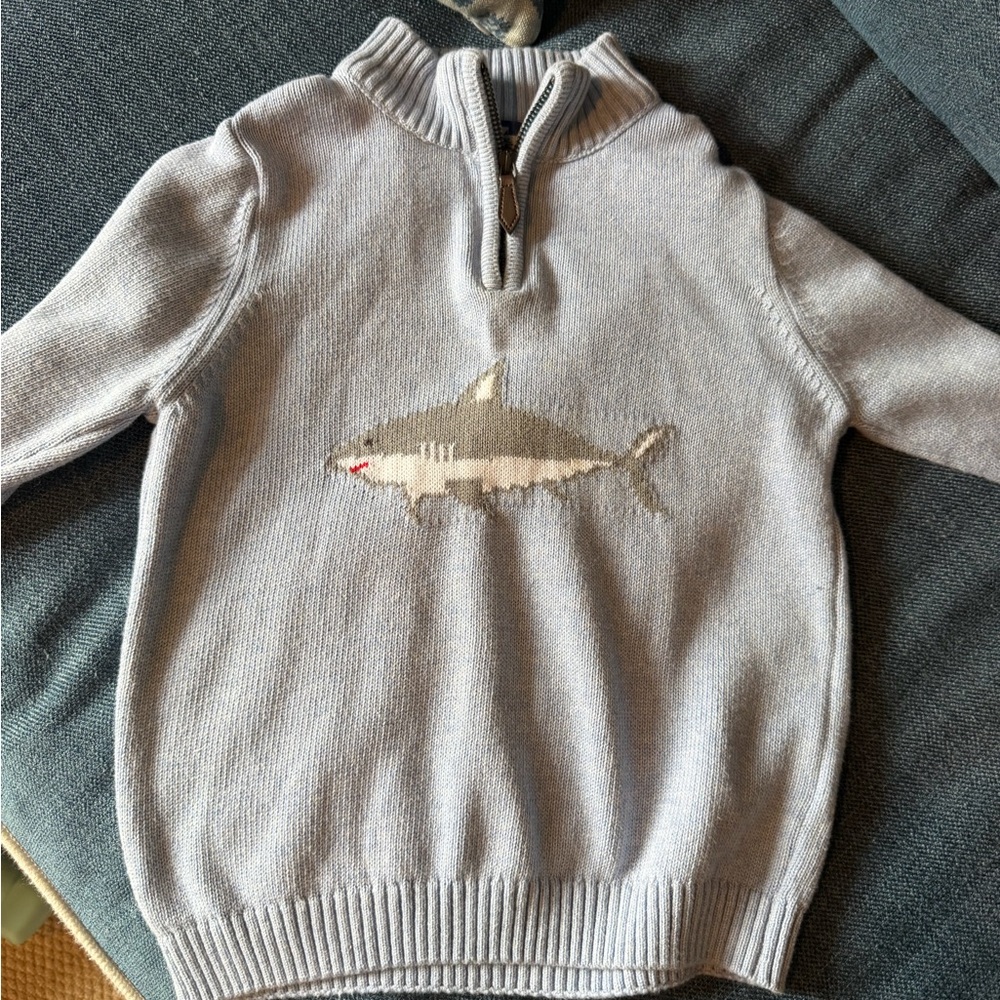 Trotters London Shark Sweater | Boys Light Blue Quarter Zip | Size 6–7Y
